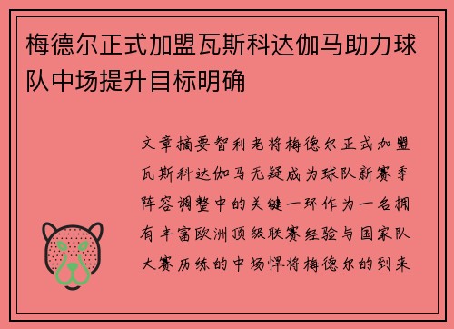 梅德尔正式加盟瓦斯科达伽马助力球队中场提升目标明确 梅德尔正式加盟瓦斯科达伽马助力球队中场提升目标明确